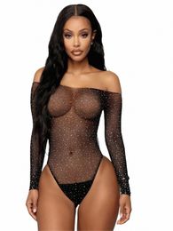 sexy Rhineste Erotic Lingerie Women Lg Sleeve Fishnet Stockings Women Transparent Women's Exotic Costumes Underwear Set New s2nF#