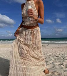 Pleated Crop Tops Long Skirt Suit Women Halter Sleeveless Backless Skirts Set 2024 Summer Ladies Sexy 2 Piece Set Beach Outfit 2403282