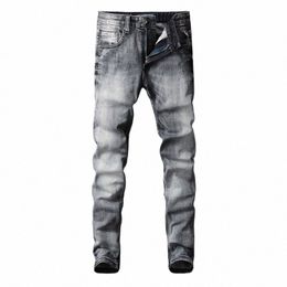 fi Designer Men Jeans High Quality Retro Dark Gray Stretch Slim Fit Ripped Jeans Men Vintage Designer Denim Pants Hombre D6UN#