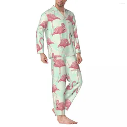 Home Clothing Cute Flamingo Pattern Pyjama Sets Autumn Tropical Animal Print Romantic Daily Sleepwear Male Two Piece Oversized Nightwear