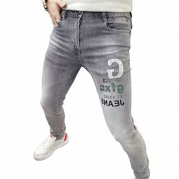 new Spring and Autumn Korean Men's Luxury Clothing Polished Denim Slim Hot Drill Motorcycle Grey Slim Embroidery Cowboy Jeans P008#