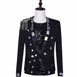 men Mirror Blazer Black White Rivet Tassel Slim Suit Jacket Singer Stage Wear Evening Performance Slim Fit Coat Plus Size S~3XL 40Xq#
