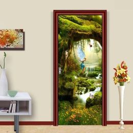 Stickers Psychedelic Forest Waterfall Door Sticker Fantasy Woods Creek Door Decal Mountains and Rivers Mural Poster Wallpaper Home Decor