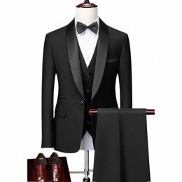 men Skinny 3 Pieces Set Formal Slim Fit Tuxedo Prom Suit / Male Groom Wedding Blazers High Quality Dr Jacket Coat Pants Vest H53V#