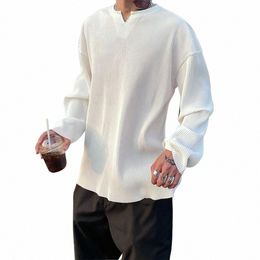 men Lg Sleeve Tops Solid Colour T-shirt Men's V-neck Lg Sleeve Striped T-shirt Spring Autumn Solid Colour Pullover Top for Men l9wp#
