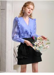 Work Dresses Office Lady Elegant Style Suit Skirt Edible Tree V-neck Blue Top Drawstring Pocket Design High Waist Package Hip Skirts