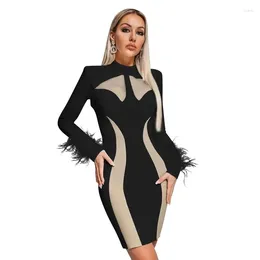 Casual Dresses Women 2024 Autumn Long Sleeve Bodycon Mesh Patchwork Chic Elegant Mini Party Feather Sexy Slim Pencil Dress Ladies