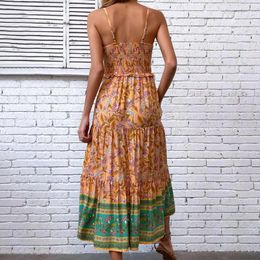 Casual Dresses Loose Fit Ethnic Dress Style Maxi With Elastic Bust High Waist Pleats For Women Vacation Sundress Printed