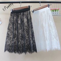 Women Sexy Lace Mesh Skirt Spring Summer Casual High Waist Elastic Hollow Out ALine Transparent One Layer Tassel Short 6 240328