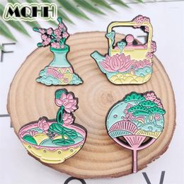 Brooches Cartoon Plant Flowers Lotus Enamel Pins Kettle Fan Bottle Alloy Brooch Cute Badge Fashion Woman Jewellery Bag Accessories Gift