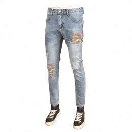 street Fi Men Jeans Retro Light Blue Slim Fit Stretch Ripped Jeans Men Patches Designer Hip Hop Denim Pencil Pants Hombre u1yB#