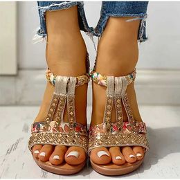 Sandals Womens Summer New Bohemian Platform Wedge Shoes Crystal Gladiator Roman Beach Leisure Elastic Band H240328NVIZ