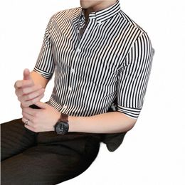 2023 Quality Busin Formal Wear Men Striped Shirts Dr Tuxedo Short Sleeve Shirts Simple Slim Fit Casual Chemise Homme S-4XL j6Ih#
