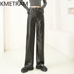 Women's Pants Real Leather Women 2024 Fashion Belt Genuine Sheepskin Trousers Womens Clothing Black Straight Full Length