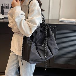 Drawstring Crossbody Bag Women Men Casual Street Shoulder Bag Leisure Oxford Handbag Large Capacity Black Student Book Bag YFA2167