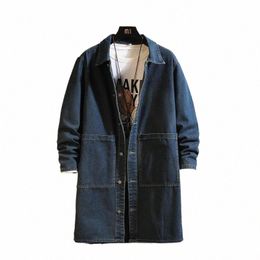 men Lg Jean Jacket Winter Men Women Trend Big Pockets Turn-down Collar Trenchcoat Outerwear Fi Black Loose Denim Coats 18tG#