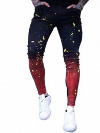 black Red High Street Gradient Mens Hip Hop Paint Jeans Denim Fi Biker Slim Fit Ripped Skinny Jeans Men Size S-3XL J6RK#