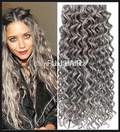 silver grey hair extensions 1PCSLOT human grey hair weave 100G brazilian deep curly virgin Grey hair extension2390623