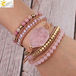 CSJA Natural Stone Bracelet Pink Quartz Leather Wrap Bracelets for Women Rose Gems Crystal Beads Bohemia Jewellery 5 Strand S308 220218L