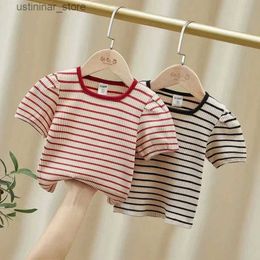 T-shirts Baby Girls Short sleeved T-shirt 2024 Summer Top grade Childrens T-shirt Preschool Stripe Printed Shirt Childrens Clothing Korean24328