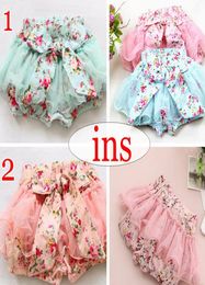 ins summer baby girls kids pettiskirt tutu skirt cotton vintage flower floral short pants shorts Bowknot legging bloomers pink blu3851804