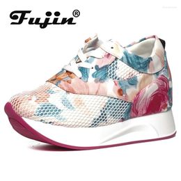 Casual Shoes Fujin 6cm Genuine Leather Platform Women Fashion Sneakers Flower Breathable Summer Wedge