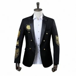 gold Medal Embroidery Suit Jacket Men Black Red Double Breasted Stage Prom Show Singer Costume New Fi Military Male Blazer b3JP#