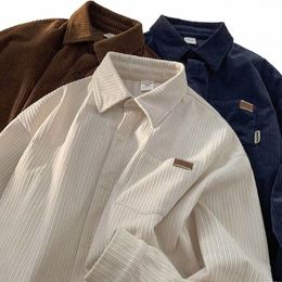 corduroy Lg Sleeve Polo Shirts for Men Fi Retro Autumn and Winter New Loose Harajuku Casual Shirt Coat Men Clothing 48Jd#