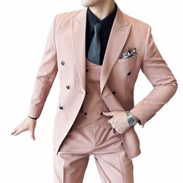 jackets+vest+pants Men Double-Breasted Pink Suits/Male Slim Fi Luxurious Groom's Tuxedo/Man Solid Color Dr Blazers Q8Co#