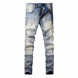 italian Style Fi Men Jeans Retro Light Blue Plain Wed Elastic Slim Fit Ripped Jeans Men Vintage Designer Butts Pants z8Ab#