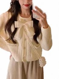 ezgaga Knitted Cardigan Women Bow Rhineste Single Breasted O Neck Pockets Autumn Winter Cropped Sweater Ladies Outwear S9WN#