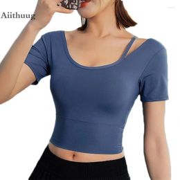 Active Shirts Aiithuug Yoga Bra Padded Gym Crop Tops Pilates Soft Strechy Workout Crops Fitness Top Spaghetti Straps Short Sleeve Sports