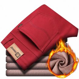 new Autumn Winter Jeans Men's Fleece Busin Casual Red Warm Jeans Stretch Slim Fit Denim Pants Male Brand Thickened Trousers M9RI#