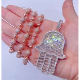 Rose Gold Rosary Chain Rapper Jewelry Iced Out Vvs Baguette Moissanite Diamond Hamsa Pendant