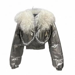 new Short Parkas Winter Women Waterproof Glossy Lamb Fur Collar Space Bright Short Coats Warm Cott-padded Jacket Clothes Y2RZ#