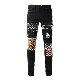 Men's Pants Mens celebrity printed denim jeans bandana leopard patches stretch pants street clothing ripped holes black tight tapered Trousers J240328