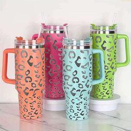 Large Capacity Leopard Print Stainless Steel Tumbler with Handle - Leakproof, Vacuum Insulated Cup for Car, Outdoor Sports, and More