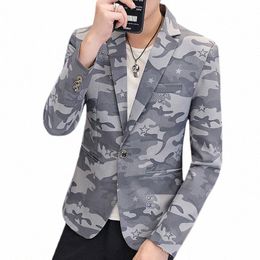 men Camoue Printed Single Butt Casual Blazer 2022 Spring Autumn Notched Lapel Mens Slim Suit Jacket Camo Coat b6Qq#