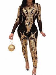 sexy Lg sleeve Sequin bodyc jumpsuit women body bodysuit e piece birthday party nightclub outfits womens jumpsuits overall m5Y3#