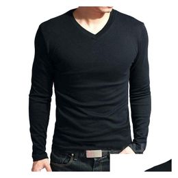 Men'S T-Shirts Mens T Shirt Cotton Long Sleeve V Neck Men V-Neck T-Shirt Mticolor Casual Drop Delivery Apparel Clothing Tees Polos Dh3Iv