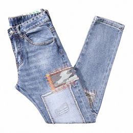 street Style Fi Men Jeans Retro Light Blue Elastic Slim Fit Ripped Jeans Men Patches Designer Hip Hop Denim Pants Hombre l7VN#