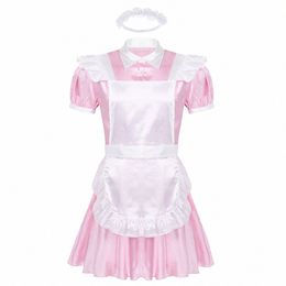 mens Sissy Maid Cosplay Costume Puff Sleeve Satin French Apr Servant Babydoll Dr Roleplay Gay Crossdr Uniform Nightwear S22v#