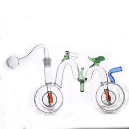 Double Matrix Hookah Bicycle Shape Glass Bong 10mm Joint Recycler Bubbler Smoking Water Pipe Fashion Hongeycomb Dab Rig Bong with Male Glass Oil Burner Pipe and Hose