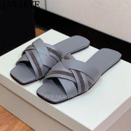 Slippers 2024 Square Open Toe Flats Women Casual Beach Mules Summer Simple Comfortable Real Leather Woman