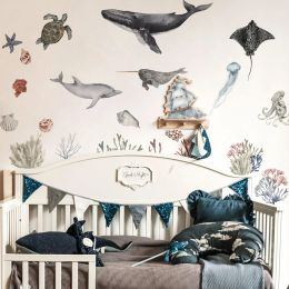 Stickers Nordic Watercolour Underwater World Wall Sticker For Kids Room Nursery Decor SelfAdhesive Cartoon Jellyfish Whale Shark Decals