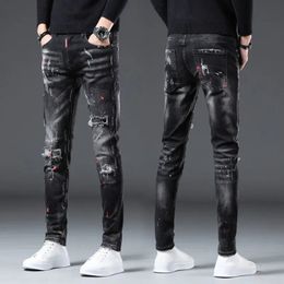 Korea Version Men's Black Ripped JeansStylish Slim Stretch JeansLight Luxury Splash Ink Print JeansSexy Street Jeans; 240314