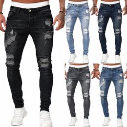 streetwear Fi Men Ripped Distred Skinny Jeans Trousers Male Cott Holes Jogging Pencil Denim Pants O0km#