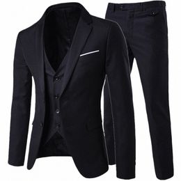blazer Vest Pants Busin Gentleman 3 Suit Pieces Sets / Groom Wedding Classic Solid Slim Dr Men High End Jacket Trousers 74ak#