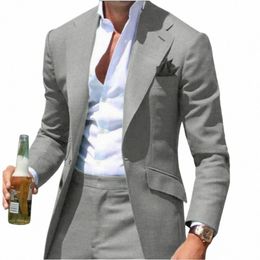 lansboter Grey Men Suit Peak Collar Slim Fit Notched Blazers 2 Piece Formal Causal Busin Wedding Groom Wear Jacket With Pants 26YX#