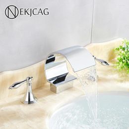 Bathroom Sink Faucets Chrome Waterfall Basin Multi-colored 3pcs Dual Handles Faucet For Deck Mounted Cold Water Mixer Taps